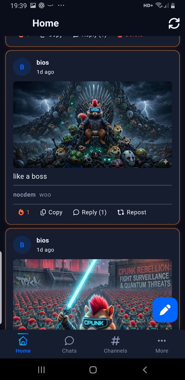 DNA Connect home feed showing wall posts with images, reactions, and replies