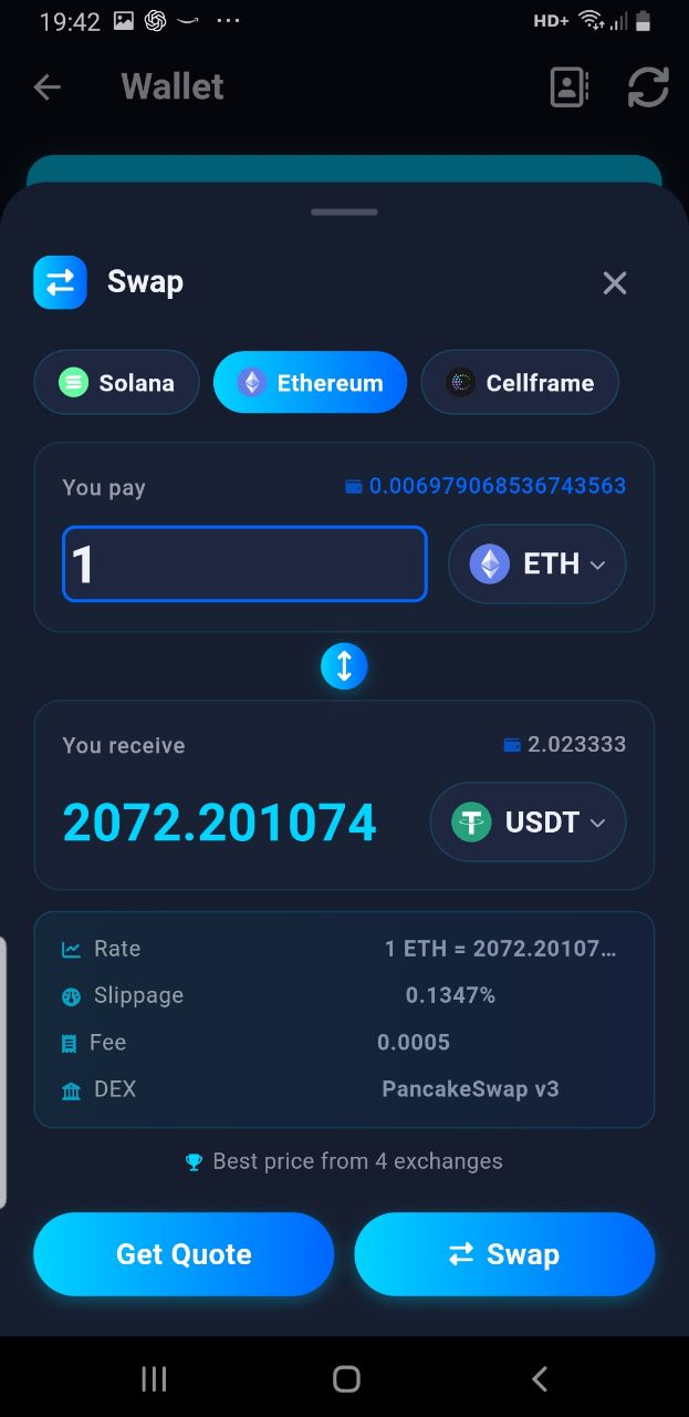 DNA Connect DEX swap — ETH to USDT via PancakeSwap with best price routing