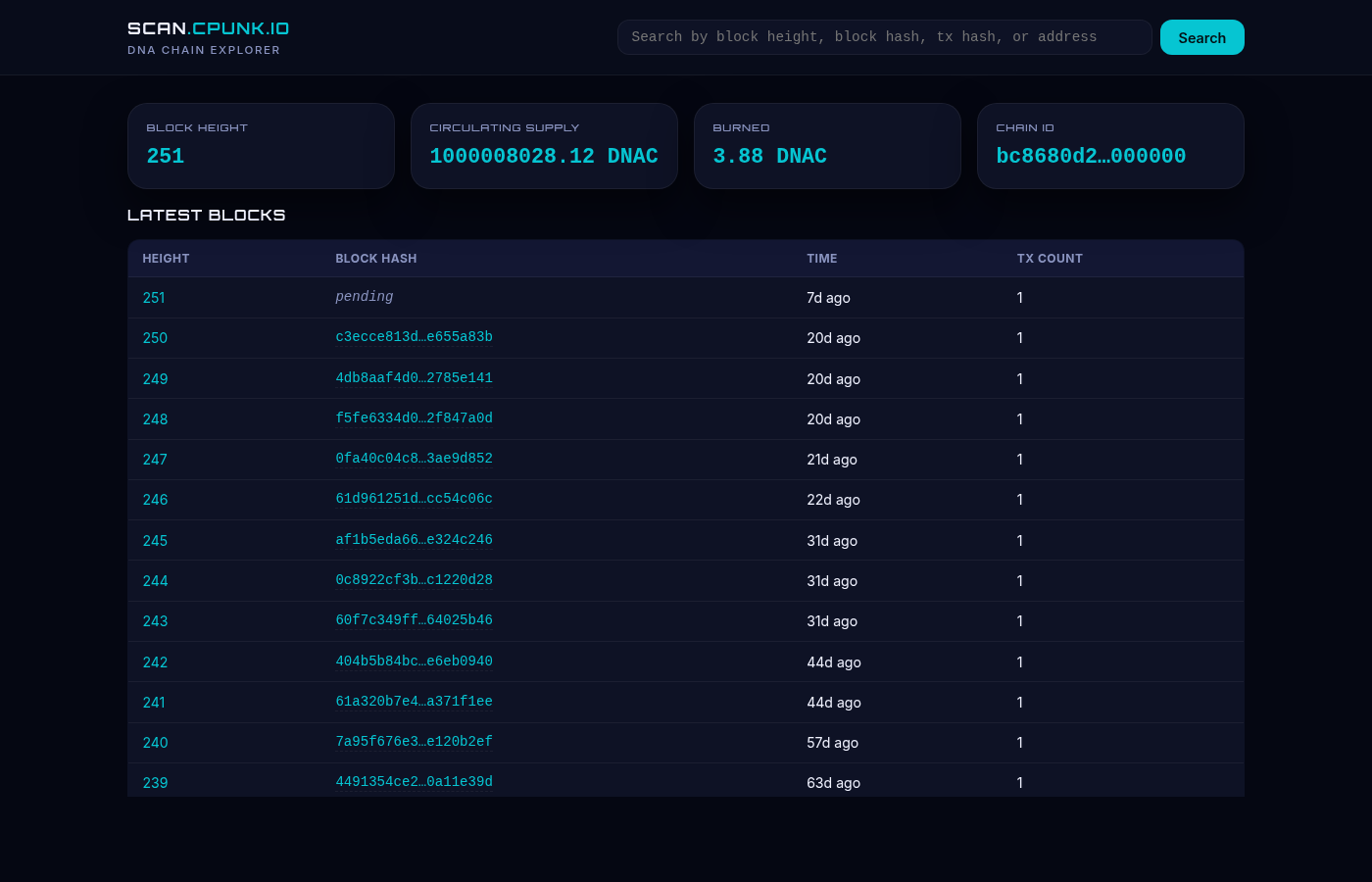 scan.cpunk.io — DNA Chain block explorer showing live blocks
